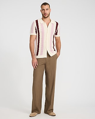 Textured Wavy Striped Cotton-Blend Short Sleeve Sweater Polo