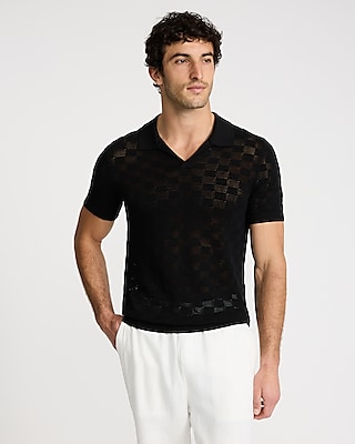 Open Stitch Checkered Cotton-Blend Short Sleeve Sweater Polo