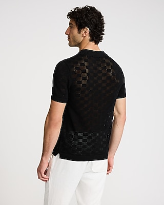 Open Stitch Checkered Cotton-Blend Short Sleeve Sweater Polo
