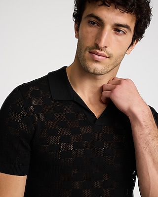 Open Stitch Checkered Cotton-Blend Short Sleeve Sweater Polo