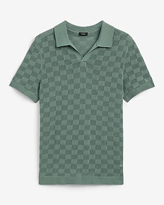 Open Stitch Checkered Cotton-Blend Short Sleeve Sweater Polo