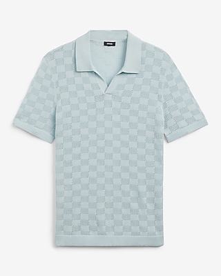 Open Stitch Checkered Cotton-Blend Short Sleeve Sweater Polo
