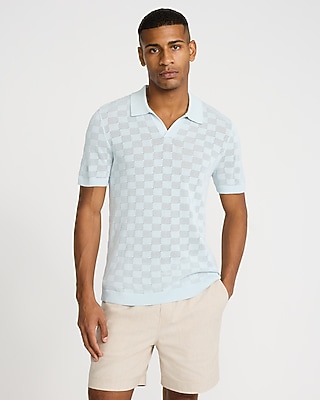 Open Stitch Checkered Cotton-Blend Short Sleeve Sweater Polo