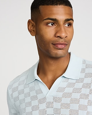 Open Stitch Checkered Cotton-Blend Short Sleeve Sweater Polo