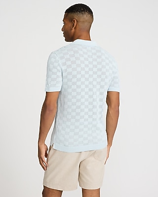 Open Stitch Checkered Cotton-Blend Short Sleeve Sweater Polo