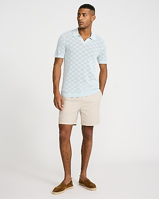 Open Stitch Checkered Cotton-Blend Short Sleeve Sweater Polo
