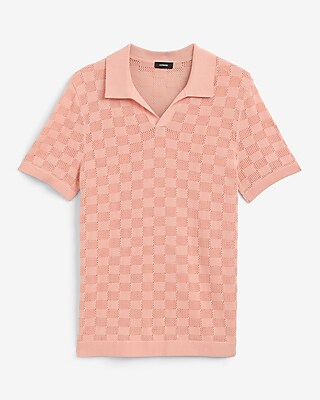 Open Stitch Checkered Cotton-Blend Short Sleeve Sweater Polo