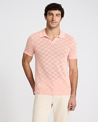 Open Stitch Checkered Cotton-Blend Short Sleeve Sweater Polo