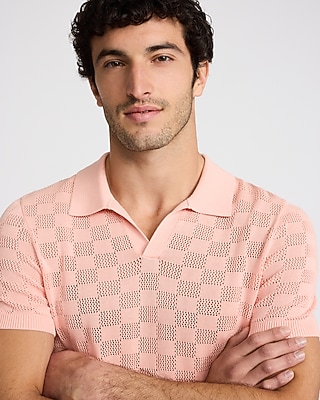 Open Stitch Checkered Cotton-Blend Short Sleeve Sweater Polo