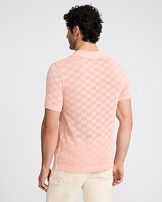 Open Stitch Checkered Cotton-Blend Short Sleeve Sweater Polo