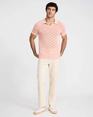 Open Stitch Checkered Cotton-Blend Short Sleeve Sweater Polo