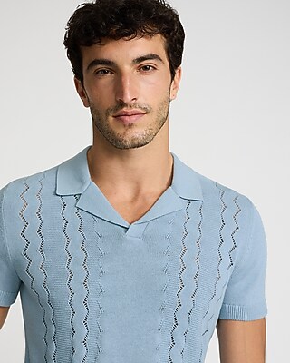 Zig Zag Open Knit Cotton Sweater Polo