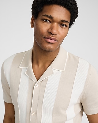 Cotton Striped Camp Collar Sweater Polo