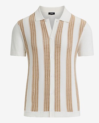 Textured Striped Cotton Short Sleeve Sweater Polo