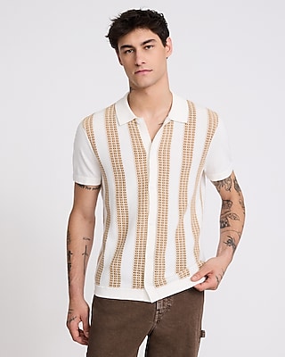 Textured Striped Cotton Short Sleeve Sweater Polo