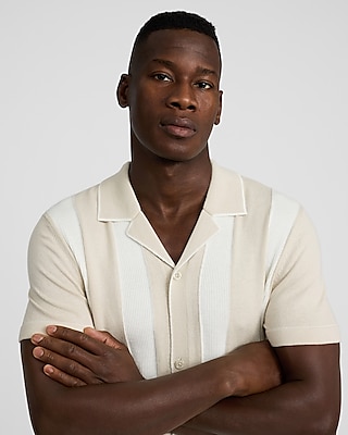 Textured Striped Cotton Short Sleeve Sweater Polo