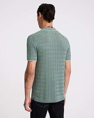 Tipped Herringbone Johnny Collar Short Sleeve Sweater Polo