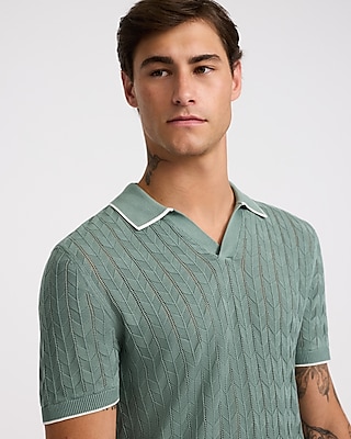 Tipped Herringbone Johnny Collar Short Sleeve Sweater Polo