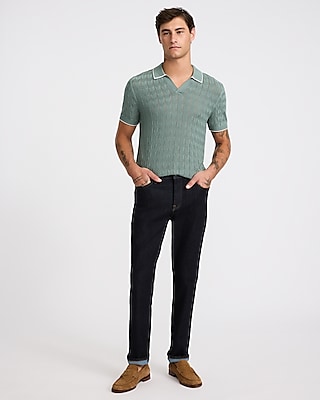 Tipped Herringbone Johnny Collar Short Sleeve Sweater Polo