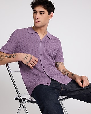 Patterned Knit Cotton-blend Short Sleeve Sweater Polo