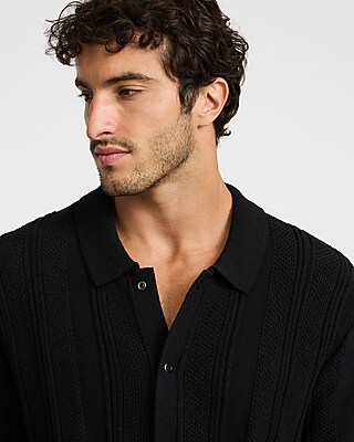 Textured Striped Cotton Short Sleeve Sweater Polo