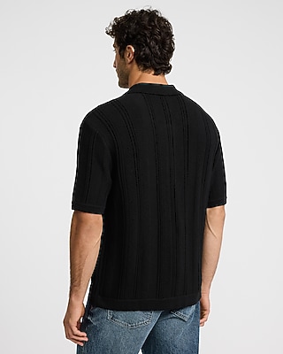 Textured Striped Cotton Short Sleeve Sweater Polo