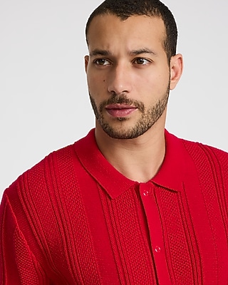 Textured Striped Cotton Short Sleeve Sweater Polo