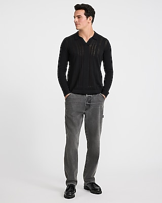 Open Knit Cotton Johnny Collar Sweater Polo