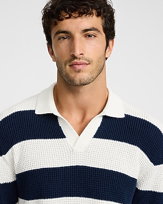 Striped Waffle Knit Cotton Johnny Collar Sweater