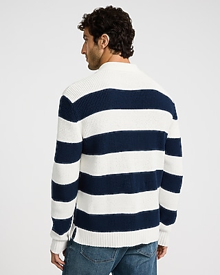 Striped Waffle Knit Cotton Johnny Collar Sweater