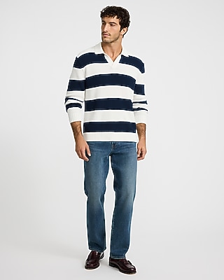 Striped Waffle Knit Cotton Johnny Collar Sweater
