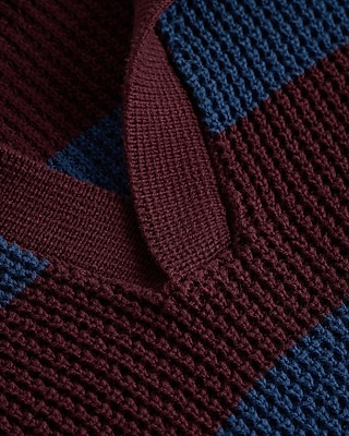 Striped Waffle Knit Cotton Johnny Collar Sweater