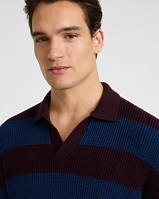 Striped Waffle Knit Cotton Johnny Collar Sweater