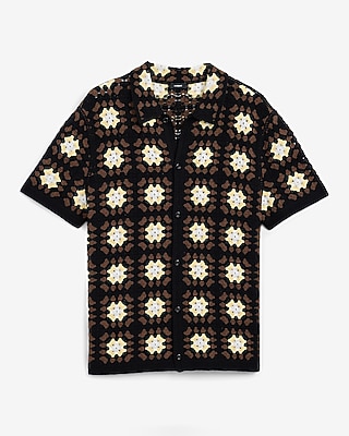 Textured Crochet Brown Floral Short Sleeve Sweater Polo