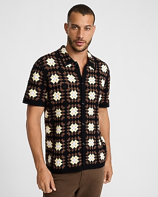 Textured Crochet Brown Floral Short Sleeve Sweater Polo