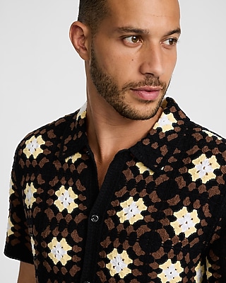 Textured Crochet Brown Floral Short Sleeve Sweater Polo