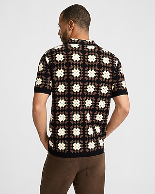 Textured Crochet Brown Floral Short Sleeve Sweater Polo