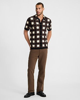 Textured Crochet Brown Floral Short Sleeve Sweater Polo