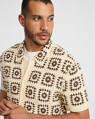Textured Crochet Natural Short Sleeve Sweater Polo | Express