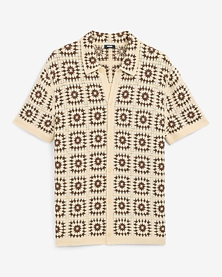 Textured Crochet Natural Short Sleeve Sweater Polo