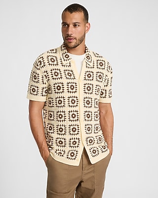 Textured Crochet Natural Short Sleeve Sweater Polo