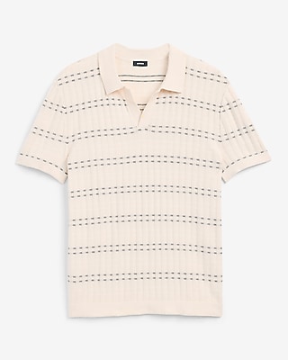 Striped Textured Cotton Johnny Collar Sweater Polo