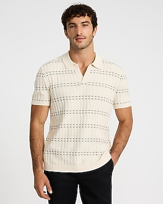 Striped Textured Cotton Johnny Collar Sweater Polo