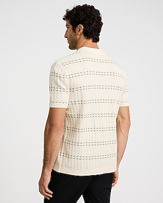 Striped Textured Cotton Johnny Collar Sweater Polo