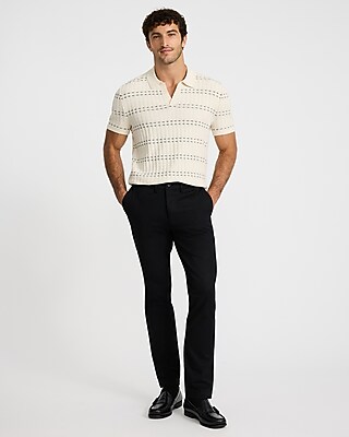 Striped Textured Cotton Johnny Collar Sweater Polo