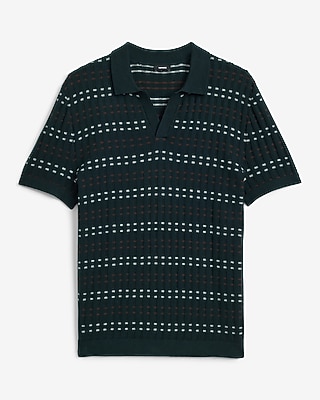Striped Textured Cotton Johnny Collar Sweater Polo