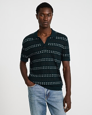 Striped Textured Cotton Johnny Collar Sweater Polo