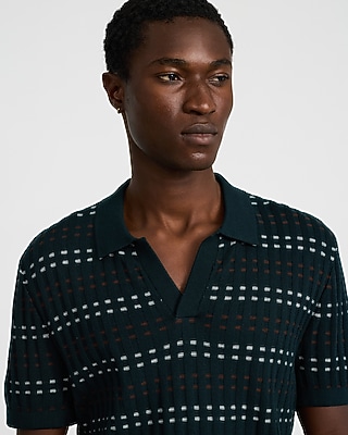 Striped Textured Cotton Johnny Collar Sweater Polo
