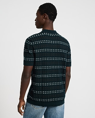 Striped Textured Cotton Johnny Collar Sweater Polo