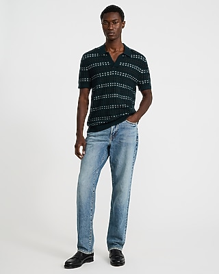 Striped Textured Cotton Johnny Collar Sweater Polo